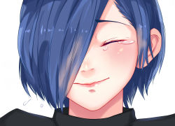 Rule 34 | 1girl, black shirt, blue hair, close-up, closed eyes, closed mouth, derivative work, facing viewer, g4265059, hair over one eye, kirishima touka, portrait, shiny skin, shirt, short hair, simple background, smile, solo, tearing up, tears, tokyo ghoul, white background