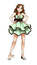 Rule 34 | 1girl, bare arms, bare legs, bow, brown hair, dress, fashion, food, food-themed clothes, frills, full body, green dress, green eyes, hair bow, hands on own hips, ice cream, long hair, meago, original, personification, signature, simple background, sketch, smile, solo, wavy hair, white background