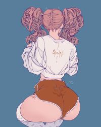 Rule 34 | 1girl, ass, blue background, clothes lift, drill hair, elliemaplefox, from behind, highres, lifted by self, long sleeves, original, red shorts, shirt, shirt lift, shorts, simple background, squatting, tattoo, thighhighs, thighs, twin drills, twintails, white shirt, white thighhighs