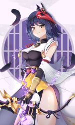Rule 34 | 1girl, absurdres, band (skymole01), black hair, bow (weapon), commentary request, detached sleeves, genshin impact, highres, holding, holding bow (weapon), holding weapon, huge filesize, japanese clothes, kujou sara, lightning, looking at viewer, mask, mask on head, obi, pom pom (clothes), sash, short hair, sidelocks, solo, tengu mask, vision (genshin impact), weapon, wide sleeves, yellow eyes