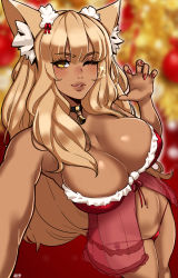 Rule 34 | 1girl, absurdres, alecto 0, animal ear fluff, animal ears, bad id, bad twitter id, bell, blonde hair, blurry, blurry background, breasts, choker, christmas ornaments, collar, dark-skinned female, dark skin, fate/extra, fate/extra ccc, fate/extra ccc fox tail, fate/grand order, fate/grand order arcade, fate (series), fox ears, fox girl, fox tail, highres, large breasts, lingerie, nail polish, navel, neck bell, negligee, panties, red nails, red panties, santa costume, suzuka gozen (fate), suzuka gozen (santa) (fate), tail, underwear, yellow eyes