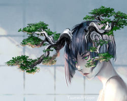 Rule 34 | 1girl, antlers, bare shoulders, black hair, bonsai, close-up, commentary, english commentary, face, green eyes, horns, lips, original, painting (action), pale skin, profile, short hair, simple background, solo, third-party source, watermark, web address, yuumei
