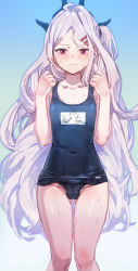 Rule 34 | 1girl, black one-piece swimsuit, blue archive, blush, bow (bhp), cameltoe, closed mouth, collarbone, covered navel, feet out of frame, gradient background, highres, hina (blue archive), hina (swimsuit) (blue archive), horns, long hair, looking at viewer, one-piece swimsuit, purple eyes, school swimsuit, solo, standing, swimsuit, very long hair, wet, white hair