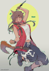Rule 34 | 1girl, animal ears, breasts, cat ears, cat tail, commission, earrings, facial mark, final fantasy, final fantasy xiv, green eyes, jewelry, knife, long hair, looking at viewer, miqo&#039;te, open mouth, rejean dubois, sabotender, single earring, smile, solo, square enix, tail