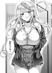 1girl absurdres blazer blush breasts button_gap choker cleavage collarbone collared_shirt commentary_request cowboy_shot greyscale grin gyaru hands_in_pockets highres jacket kudousobaku large_breasts long_hair looking_at_viewer monochrome off_shoulder open_clothes open_jacket original plaid_clothes plaid_skirt school_uniform second-party_source shirt shirt_tucked_in skirt smile solo speech_bubble standing translated