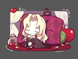 Rule 34 | 1boy, alucard (castlevania), ascot, bat (animal), black cape, black coat, black footwear, black gloves, blonde hair, cape, castlevania (series), chibi, chibi only, closed eyes, coat, coin, crossed arms, curtains, dollar sign, glint, gloves, head on pillow, heart, kotorai, male focus, money bag, no nose, parted lips, pillow, rosary, sleeping, sleeping upright, solo, white ascot, zzz