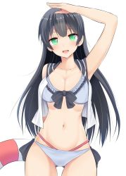 Rule 34 | 10s, 1girl, agano (kancolle), alternate costume, arm up, bare shoulders, bikini, black hair, breasts, cleavage, collarbone, eyebrows, green eyes, innertube, kantai collection, large breasts, layered bikini, long hair, looking at viewer, multi-strapped bikini bottom, navel, open mouth, simple background, solo, swim ring, swimsuit, takeyuu, white background