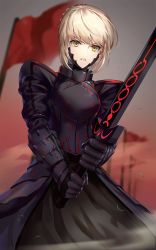 Rule 34 | 1girl, armor, armored dress, artoria pendragon (all), artoria pendragon (fate), battlefield, blonde hair, braid, clenched teeth, excalibur morgan (fate), fate/grand order, fate (series), fighting stance, flag, french braid, hair bun, holding, holding sword, holding weapon, kfr, puffy sleeves, saber alter, single hair bun, solo, standing, sword, teeth, weapon, yellow eyes
