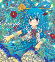 Rule 34 | 1girl, blue background, blue dress, blue eyes, blue hair, blue theme, bow, bowtie, brown bow, brown bowtie, camellia, closed mouth, cowboy shot, dress, floral print, flower, frilled dress, frilled shirt collar, frills, hagoromo, hair ornament, hair rings, hair stick, kaku seiga, looking at viewer, marker (medium), medium hair, outstretched arm, outstretched hand, petals, pink flower, pink rose, print dress, puffy short sleeves, puffy sleeves, purple ribbon, red flower, ribbon, rose, rui (sugar3), sample watermark, shawl, short sleeves, sleeve ribbon, smile, solo, touhou, traditional media, vest, watermark, white vest, yellow flower, yellow rose