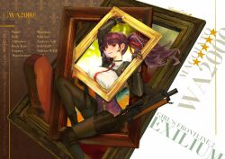 Rule 34 | 1girl, black pantyhose, blush, breasts, bullpup, character name, commentary, copyright name, empty picture frame, english commentary, english text, girls&#039; frontline, girls&#039; frontline 2: exilium, gloves, gun, hair ribbon, highres, invertedqueen, knee pads, looking at viewer, necktie, open mouth, pantyhose, partially fingerless gloves, picture frame, ponytail, purple hair, red eyes, red necktie, red ribbon, ribbon, rifle, single knee pad, sniper rifle, solo, star (symbol), teeth, twitter username, upper teeth only, violin case, wa2000 (girls&#039; frontline), walther, walther wa 2000, weapon