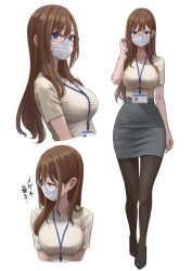 Rule 34 | blue eyes, breasts, brown hair, collarbone, glasses, high heels, highres, id card, lanyard, large breasts, long hair, looking at viewer, looking to the side, mask, mouth mask, office lady, original, pantyhose, pencil skirt, shirt, simple background, skirt, striped clothes, striped shirt, surgical mask, translation request, vertical-striped clothes, vertical-striped shirt, white background, yukimaru ai
