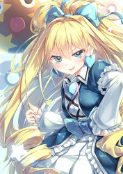 Rule 34 | 1girl, :d, absurdres, balloon, blonde hair, blue bow, blue dress, blue eyes, blush, bow, breasts, collared dress, commentary, cowboy shot, dress, drill hair, duel monster, earrings, facial mark, floral background, frilled dress, frilled sleeves, frills, gothic lolita, hair between eyes, hair bow, hair intakes, hand on own hip, heart, heart earrings, highres, holding, holding balloon, jewelry, kanzakietc, layered dress, lolita fashion, long hair, looking at viewer, lower teeth only, open mouth, princess cologne, ribbon, sidelocks, small breasts, smile, solo, star (symbol), teeth, twin drills, very long hair, white dress, yu-gi-oh!