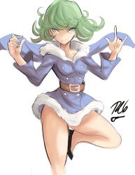 Rule 34 | 1girl, alternate costume, belt, black footwear, curly hair, foot out of frame, green eyes, green hair, hands up, highres, leg up, legs, long sleeves, looking at viewer, one-punch man, rakeemspoon, short hair, signature, simple background, smile, solo, tatsumaki, thighs, white background