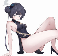 Rule 34 | 1girl, :o, arm support, armpits, bare legs, black dress, black footwear, black hair, blue archive, blush, breasts, butterfly hair ornament, covered erect nipples, covered navel, double bun, dragon print, dress, hair bun, hair ornament, halo, high heels, highres, kisaki (blue archive), knees up, looking at viewer, mashiro latte (msrn39), pelvic curtain, sideboob, skin tight, sleeveless, sleeveless dress, small breasts, solo