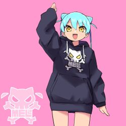 Rule 34 | 1girl, aqua hair, arm up, black hoodie, blush, double bun, fangs, hair between eyes, hair bun, highres, hood, hoodie, long hair, long sleeves, looking at viewer, open mouth, pink background, shinigami dot com, simple background, sleeves past wrists, solo, twintails, yachima tana, yellow eyes