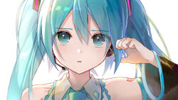 Rule 34 | 1girl, aqua eyes, aqua hair, aqua nails, aqua necktie, bare shoulders, black sleeves, bloom, collarbone, commentary, detached sleeves, grey shirt, hair ornament, hand in own hair, hand up, hatsune miku, headphones, headset, long hair, looking at viewer, microphone, nail polish, necktie, parted lips, portrait, shirt, shoulder tattoo, sleeveless, sleeveless shirt, solo, tattoo, tsukiringo, twintails, vocaloid, white background