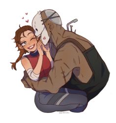 Rule 34 | 1boy, 1girl, bandaged arm, bandages, bare shoulders, blue pants, blush, body freckles, braid, brown hair, couple, dead by daylight, diagnestichesk1, the trapper (dead by daylight), freckles, heart, highres, hug, lipstick, lipstick mark, makeup, mask, meg thomas, one eye closed, overalls, pants, red lips, red tank top, scar, scar on arm, scar on neck, tank top, the trapper, white background