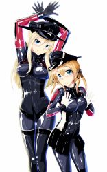 Rule 34 | 10s, 2girls, adapted costume, alternate color, anchor hair ornament, arms up, bismarck (kancolle), blonde hair, blue eyes, bodysuit, corset, covered erect nipples, gloves, hair ornament, hands on own chest, hat, highres, kantai collection, latex, latex bodysuit, latex gloves, latex suit, long hair, multiple girls, orange hair, peaked cap, prinz eugen (kancolle), shiny clothes, skin tight, skirt, smile, tamakko, twintails, white background