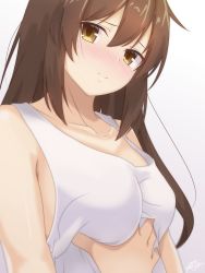 Rule 34 | 1girl, bad id, bad pixiv id, bare shoulders, blush, breasts, brown hair, closed mouth, collarbone, frown, grabbing own breast, gradient background, grey background, highres, long hair, medium breasts, nose blush, original, ramchi, signature, simple background, sleeveless, solo, straight hair, tank top, upper body, white background, yellow eyes