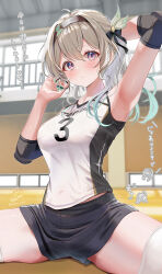 Rule 34 | 1girl, adjusting hair, alternate costume, alternate hairstyle, aqua nails, arm up, armpits, artist name, black hairband, black shorts, blush, breasts, closed mouth, commentary request, dot mouth, elbow pads, fingernails, firefly (honkai: star rail), grey hair, gym, hair ornament, hairband, highres, honkai: star rail, honkai (series), kabu usagi, large breasts, long hair, looking at viewer, midriff peek, nail polish, on floor, paid reward available, ponytail, print shirt, purple eyes, see-through silhouette, shirt, shorts, signature, sitting, sleeveless, sleeveless shirt, solo, split, sportswear, thighhighs, thighs, translation request, tying hair, volleyball uniform, white shirt, white thighhighs