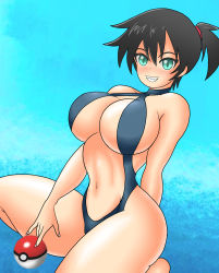 Rule 34 | 1girl, alternate hair color, aqua eyes, bare shoulders, barefoot, black hair, blush, bodysuit, breasts, cleavage, creatures (company), diving suit, fangs, feet, female focus, game freak, grin, gym leader, highleg, highleg swimsuit, highres, large breasts, legs, misty (pokemon), navel, nintendo, one-piece swimsuit, pokemon, pokemon: the electric tale of pikachu, ponytail, short hair, side ponytail, smile, solo, swimsuit, wet, wetsuit