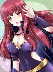 Rule 34 | 1girl, belt, black bodysuit, black cape, blush, bodysuit, breasts, cape, choker, cleavage, clothing cutout, collarbone, commentary request, covered navel, facial mark, fire emblem, fire emblem engage, hair ornament, highres, kirishima riona, large breasts, long hair, looking at viewer, nintendo, open mouth, pink choker, red eyes, red hair, side cutout, smile, solo, star (symbol), star facial mark, star hair ornament, yellow belt, yunaka (fire emblem)