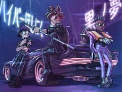 Rule 34 | 1girl, breasts, car, chrono trigger, cleavage, closed mouth, crono (chrono trigger), cyberpunk, cyberpunk (series), cyberpunk 2077, highres, jacket, johnny (chrono trigger), looking at viewer, lucca ashtear, motor vehicle, purple hair, red hair, robot, short hair, smile, spiked hair, sunglasses, sword, vehicle focus, weapon, yuto sakurai