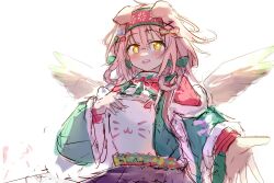 Rule 34 | + +, 1girl, animal ears, arknights, braid, braided hair rings, brown skirt, cat ears, commentary request, feathered wings, goldenglow (arknights), goldenglow (maiden for the bright night) (arknights), green jacket, hair between eyes, hair rings, hairband, hand up, highres, jacket, kagurabone, long hair, long sleeves, looking at viewer, official alternate costume, open clothes, open jacket, pink hair, pleated skirt, red hairband, shirt, sketch, skirt, solo, twin braids, white shirt, white wings, wide sleeves, wings, yellow eyes