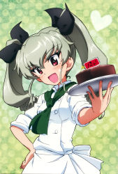 Rule 34 | 10s, 1girl, anchovy (girls und panzer), cake, chef, drill hair, food, girls und panzer, green hair, hair ribbon, highres, italian text, long hair, official art, red eyes, ribbon, sleeves rolled up, solo, twin drills, twintails