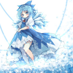 Rule 34 | 1girl, blue eyes, blue hair, blush, bow, cirno, clothes lift, dress, dress lift, expressionless, full body, hair bow, hip focus, ice, ice wings, legs, long dress, looking at viewer, matching hair/eyes, piyokichi, puffy short sleeves, puffy sleeves, short hair, short sleeves, socks, solo, thighs, touhou, wavy hair, wings