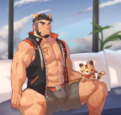 Rule 34 | 1boy, abs, alca (wakatanka4), animal ears, bara, beard, black hair, blush, bulge, commission, couch, doll, facial hair, gyee, highres, large pectorals, leg hair, lion boy, lion ears, lion tail, looking at viewer, lveink, male focus, mature male, muscular, muscular male, nipple slip, nipples, on couch, original, pectoral cleavage, pectorals, pout, short hair, sitting, solo focus, spread legs, stomach, tail, thick eyebrows, thighs, undercut