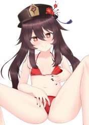 Rule 34 | 1girl, bikini, black headwear, black nails, blush, breasts, brown hair, flower, genshin impact, grabbing own breast, hair between eyes, half-closed eyes, hat, highres, hu tao, looking at viewer, nail polish, navel, presenting, pussy, red bikini, red eyes, simple background, small breasts, smile, spread legs, spread pussy, stomach, string bikini, swimsuit, symbol-shaped pupils, top hat, twintails, watakaze, white background