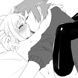 Rule 34 | 1boy, 1girl, bed, blush, clothed sex, greyscale, hetero, kiss, leg lock, lying, monochrome, nude, on back, on bed, sex, thighhighs, topless