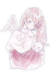 Rule 34 | 1girl, angel wings, blush, brown eyes, brown hair, closed mouth, feathered wings, flower, highres, holding, holding flower, kotono n0, leaf, long hair, long sleeves, looking at viewer, original, puffy long sleeves, puffy sleeves, rabbit, shirt, simple background, skirt, sleeves past wrists, solo, stuffed animal, stuffed rabbit, stuffed toy, sweater, white background, white shirt, white sweater, white wings, wings
