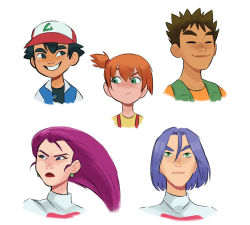 Rule 34 | 2girls, 3boys, :/, aqua eyes, ash ketchum, baseball cap, black hair, blue eyes, brock (pokemon), brown hair, cheekbones, chin, collarbone, commentary, creatures (company), cropped shoulders, dark-skinned male, dark skin, earrings, english commentary, closed eyes, frown, game freak, green eyes, grin, hair slicked back, hat, jacket, james (pokemon), jessie (pokemon), jewelry, kiana mai, lipstick, long hair, looking at another, looking to the side, makeup, misty (pokemon), multiple boys, multiple girls, nintendo, nose, open clothes, open jacket, orange hair, orange shirt, pink hair, pokemon, pokemon (anime), pokemon (classic anime), purple hair, raised eyebrow, red lips, shirt, short hair, side ponytail, simple background, smile, team rocket, thick eyebrows, white background, widow&#039;s peak