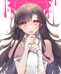 Rule 34 | 1girl, apron, bandaged arm, bandages, blush, collared shirt, commentary request, dalrye v3, danganronpa (series), danganronpa 2: goodbye despair, dress shirt, hands up, long hair, looking at viewer, mole, mole under eye, open mouth, own hands together, pink background, pink eyes, pink shirt, puffy short sleeves, puffy sleeves, shirt, short sleeves, simple background, solo, tsumiki mikan, twitter username, upper body, white apron