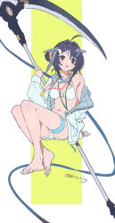 1girl ahoge arknights arm_support bare_shoulders barefoot bikini blue_hair breasts cleavage commentary dark_blue_hair feather_hair feet frilled_bikini frills full_body goggles goggles_around_neck grey_eyes hair_bun hair_intakes hair_ornament hairclip holding holding_scythe id_card invisible_chair jacket jacket_over_swimsuit knees_up la_pluma_(arknights) la_pluma_(summer_flowers)_(arknights) lanyard long_sidelocks long_sleeves looking_at_viewer medium_breasts navel off_shoulder official_alternate_costume open_clothes open_jacket outside_border parted_lips scythe short_hair single_side_bun sitting solo swimsuit thick_eyelashes thigh_strap urabe_(mstchan) whistle whistle_around_neck white_bikini wing_hair_ornament