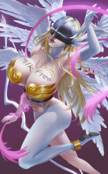 Rule 34 | absurdres, angel, angel girl, angel wings, angewomon, armor, armpits, asymmetrical clothes, asymmetrical legwear, blonde hair, body writing, bow (weapon), breastplate, breasts, cleavage, curvy, digimon, digimon (creature), elbow gloves, extra wings, gloves, head wings, high heels, highres, huge breasts, long hair, low wings, mask, mddueck, monster girl, pale skin, pink background, revealing clothes, ribbon, simple background, weapon, wings