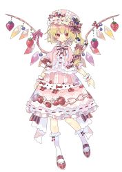 Rule 34 | 1girl, blonde hair, blueberry, blush, bow, bowtie, checkered footwear, cherry, commentary, crystal, expressionless, flandre scarlet, flower, food, frilled skirt, frilled socks, frills, fruit, full body, gothic lolita, hair flower, hair ornament, hair ribbon, hat, highres, kneehighs, lolita fashion, looking at viewer, mary janes, mob cap, neck ribbon, nikorashi-ka, pink vest, puffy short sleeves, puffy sleeves, red bow, red eyes, red footwear, red ribbon, ribbon, ribbon-trimmed skirt, ribbon trim, shoes, short sleeves, side ponytail, simple background, skirt, socks, solo, standing, standing on one leg, strawberry, striped bow, striped ribbon, sweet lolita, symbol-only commentary, touhou, vest, white background, white socks, wings, wrist cuffs