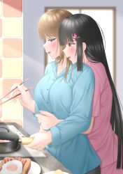 Rule 34 | 2girls, :d, bacon, black hair, black pants, blonde hair, blue eyes, blunt ends, bread, bread slice, breakfast, breasts, brown eyes, chopsticks, collarbone, dress, fingernails, food, fried egg, from side, frying pan, hair ornament, half-closed eyes, highres, holding, holding chopsticks, holding frying pan, hug, hug from behind, jewelry, kitchen, large breasts, lino (lilyparty07), long hair, mole, mole under eye, multiple girls, open mouth, original, pants, pink dress, plate, ring, smile, stove, sweater, toast, wedding ring, wife and wife, yuri