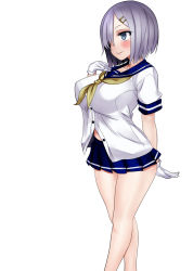 Rule 34 | 10s, 1girl, absurdres, bad id, bad pixiv id, bare legs, blue eyes, blush, breasts, derivative work, gloves, hair ornament, hair over one eye, hairclip, hamakaze (kancolle), highres, inu no utage, kantai collection, large breasts, microskirt, neckerchief, no legwear, pleated skirt, school uniform, serafuku, short hair, silver hair, skirt, smile, solo, unbuttoned, white background, white gloves