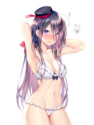Rule 34 | 1girl, ariake (kancolle), armpits, black hat, blush, bra, breasts, cleavage, collarbone, cowboy shot, hand in own hair, hat, kantai collection, long hair, looking at viewer, medium breasts, navel, panties, parted lips, purple eyes, purple hair, rei (rei&#039;s room), simple background, solo, underwear, white background, white bra, white panties