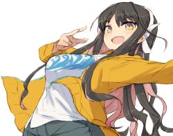 Rule 34 | 1girl, alchera, black hair, breasts, casual, fang, grey shorts, hair down, hairband, jacket, kantai collection, large breasts, long hair, looking at viewer, naganami (kancolle), naganami kai ni (kancolle), official alternate costume, open clothes, open jacket, pink hair, shirt, shorts, simple background, smile, solo, white background, white hairband, white shirt, yellow eyes, yellow jacket