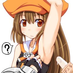 Rule 34 | 1girl, ?, arc system works, arm up, armpits, blush, breasts, brown hair, fingerless gloves, flat chest, food, gloves, guilty gear, guilty gear xrd, hat, long hair, may (guilty gear), orange eyes, orange hat, pirate hat, poncocchan, popsicle, small breasts, solo, sweatdrop