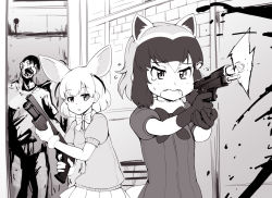 Rule 34 | 10s, 1boy, 2girls, abubu, animal ears, bow, bowtie, common raccoon (kemono friends), fangs, fennec (kemono friends), firing, fox ears, fox tail, fur collar, gloves, greyscale, gun, holding, holding weapon, kemono friends, looking at another, monochrome, multicolored hair, multiple girls, open mouth, parted lips, pleated skirt, puffy short sleeves, puffy sleeves, raccoon ears, resident evil, resident evil: operation raccoon city, short hair, short sleeves, shotgun, skirt, smoke, smoking gun, standing, sweater, tail, tears, two-handed, weapon, zombie