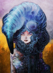 Rule 34 | 1girl, bare shoulders, blue dress, blue eyes, blue hair, closed mouth, curly hair, dress, expressionless, highres, jellyfish, lipstick, long hair, looking at viewer, makeup, matajirou (matagiro), matching hair/eyes, multicolored background, original, personification, portuguese man o&#039; war, purple eyes, purple sky, red lips, shaded face, sky, smile, solo, strapless, strapless dress, tentacle hair, upper body, very long hair, zanshomimai