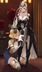 2girls azuki_(azuki_azukki) belt black_choker black_dress black_footwear black_gloves black_tiara blonde_hair blue_eyes blush boots braid breasts cape carpet choker circlet cleavage closed_eyes clothes_lift commission commissioner_upload curtains drawer dress earrings eir_(fire_emblem) fire_emblem fire_emblem_heroes fire_emblem_warriors flower flower_hairpin frilled_skirt frilled_sleeves frills gloves gold_circlet gold_tiara hair_flower hair_ornament hairpin highres holding_another&#039;s_hair holding_another&#039;s_leg jewelry kiss kneeling lamp large_breasts lianna_(fire_emblem) long_hair long_sleeves multiple_girls nintendo ponytail short_hair sidelocks skirt skirt_lift sunflower sunflower_hair_ornament thigh_boots thigh_strap tiara tree trembling vase wall_lamp white_dress white_hair yuri