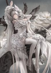 Rule 34 | 1girl, absurdly long hair, armpits, arms up, breasts, detached sleeves, dress, elbow gloves, flower, frills, gloves, grey eyes, greyscale, hair over one eye, headdress, highres, large breasts, long hair, mizushirazu, monochrome, original, simple background, sitting, solo, thighhighs, too many, very long hair, white dress, white eyes, white footwear, white gloves, white hair, white theme, white thighhighs, wings