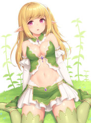Rule 34 | 1girl, bare shoulders, blonde hair, boots, breasts, cleavage, collarbone, detached collar, elbow gloves, elf, gloves, gold trim, green thighhighs, long hair, looking at viewer, medium breasts, navel, original, parted lips, pink eyes, pointy ears, sasaame, side ponytail, simple background, sitting, skirt, smile, solo, stomach, thighhighs, white background, white gloves