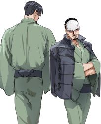 Rule 34 | 1boy, black hair, crossed arms, facial hair, forehead protector, from behind, goatee, golden kamuy, green kimono, jacket, jacket on shoulders, japanese clothes, kimono, long sleeves, looking at viewer, male focus, multiple views, mustache, scar, scar on face, short hair, simple background, tatsumi (psmhbpiuczn), tsurumi tokushirou, white background